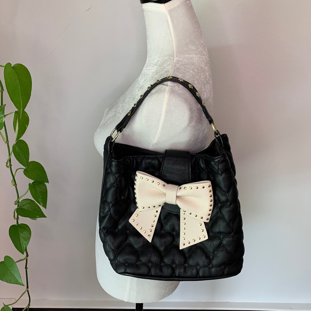 Betsey Johnson Black Quilted Heart Bow Purse.